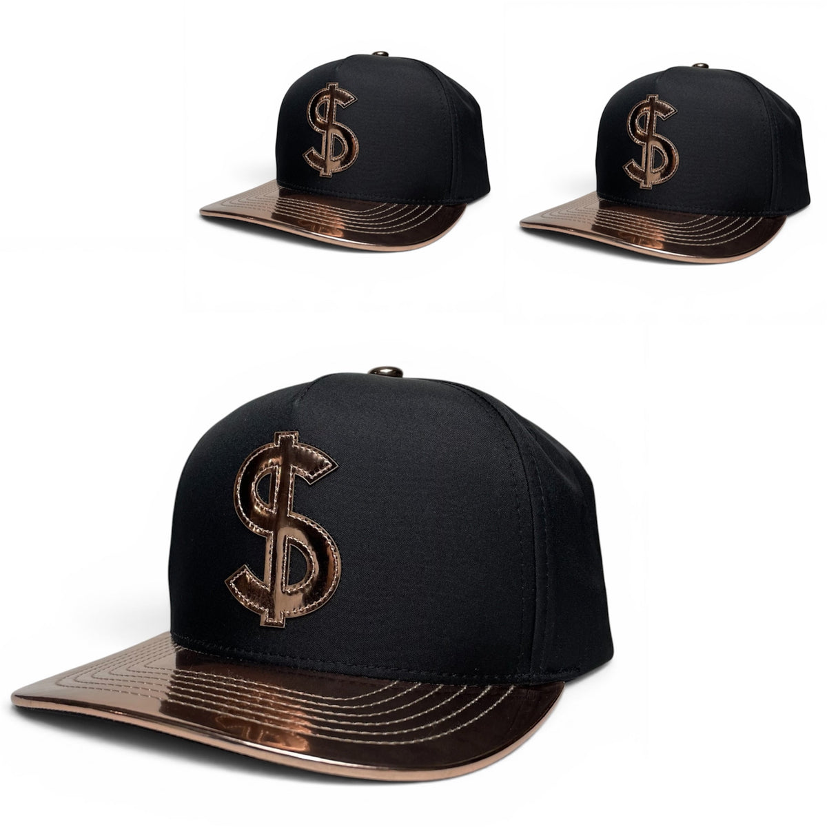 Dollar Sign Snapback Hat with Bronze Vinyl Patch, Black