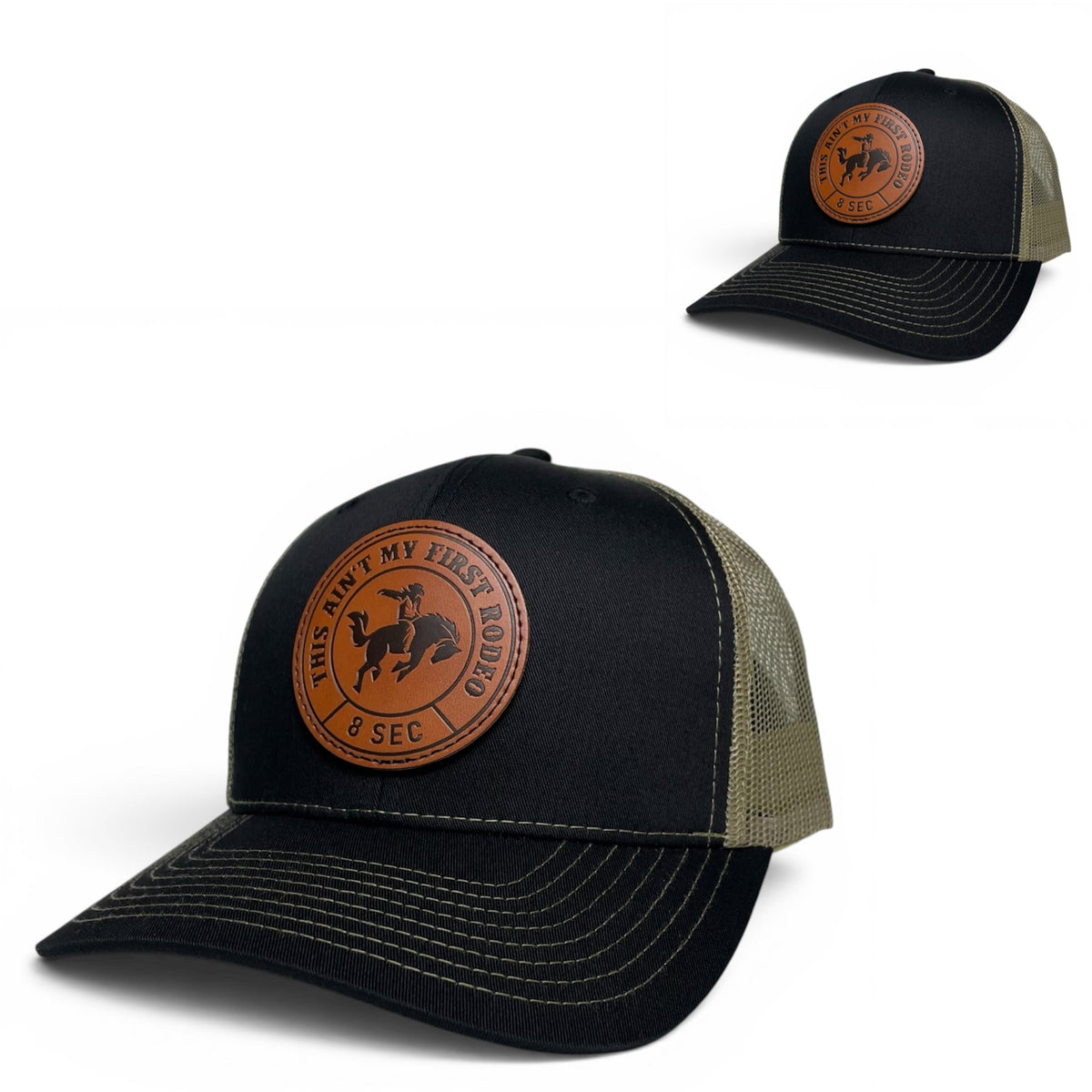 Horse Rodeo Leather Patch Trucker Hat, Black and Tan