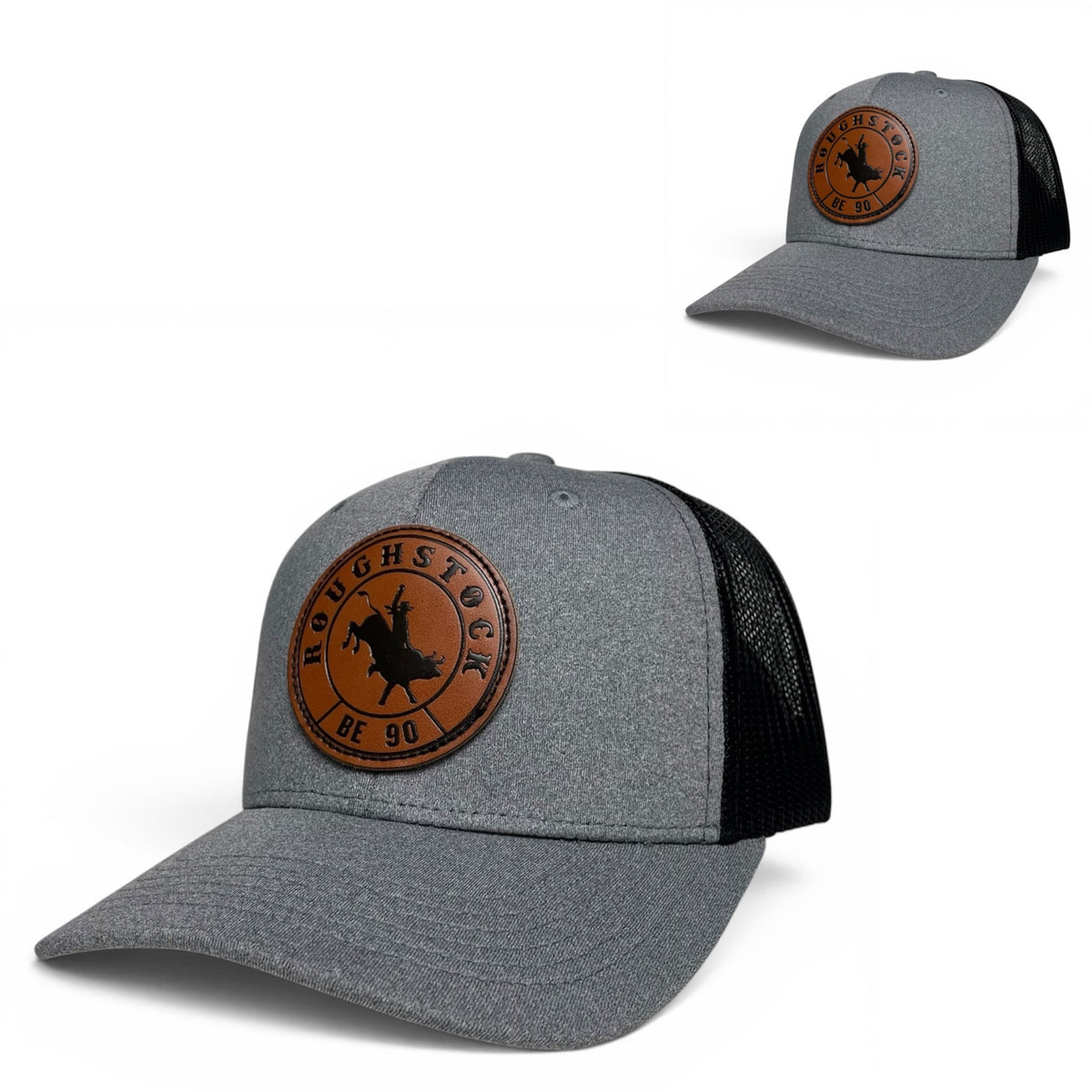 Rodeo Bull Rider Leather Patch Trucker Snapback Hat, Gray and Black