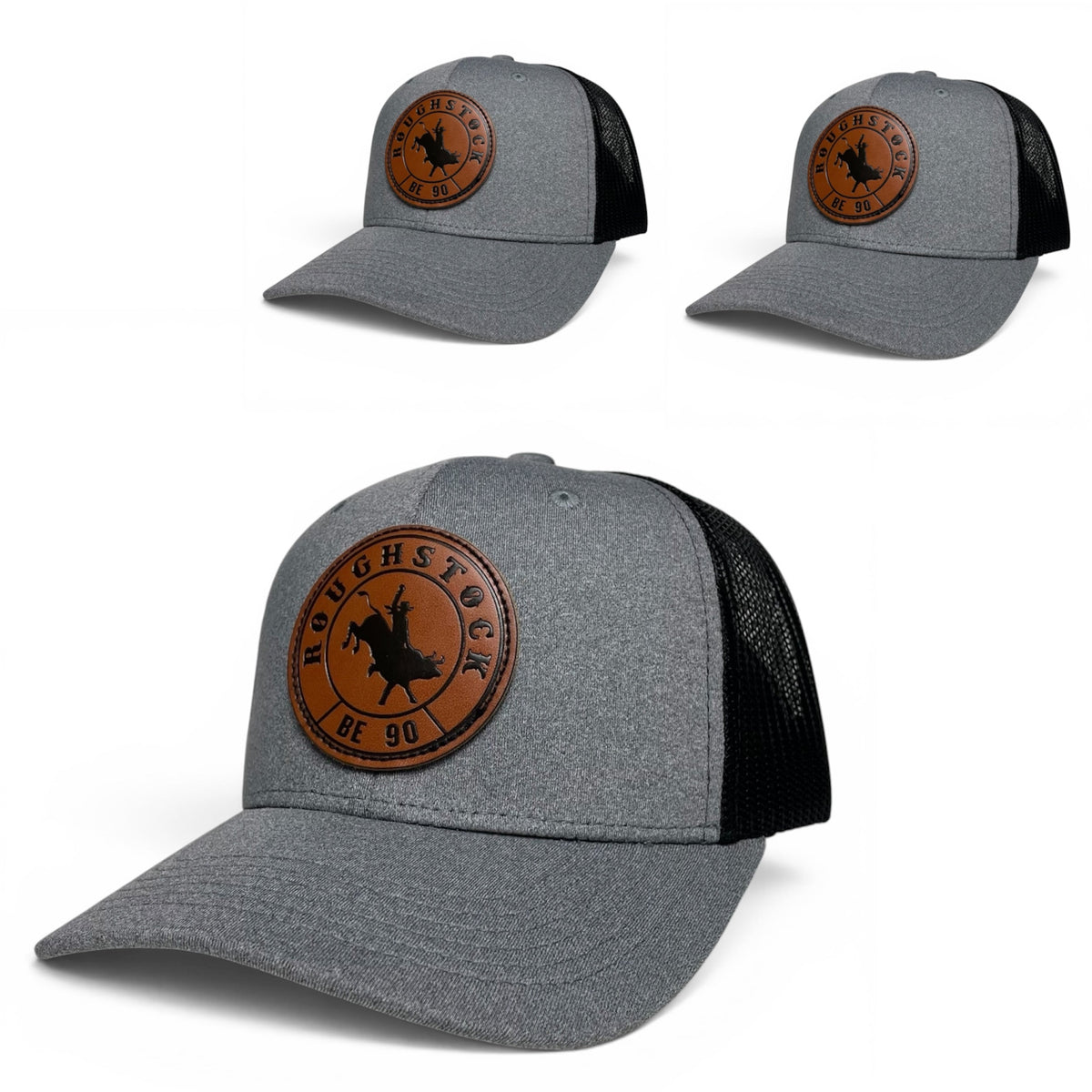 Rodeo Bull Rider Leather Patch Trucker Snapback Hat, Gray and Black