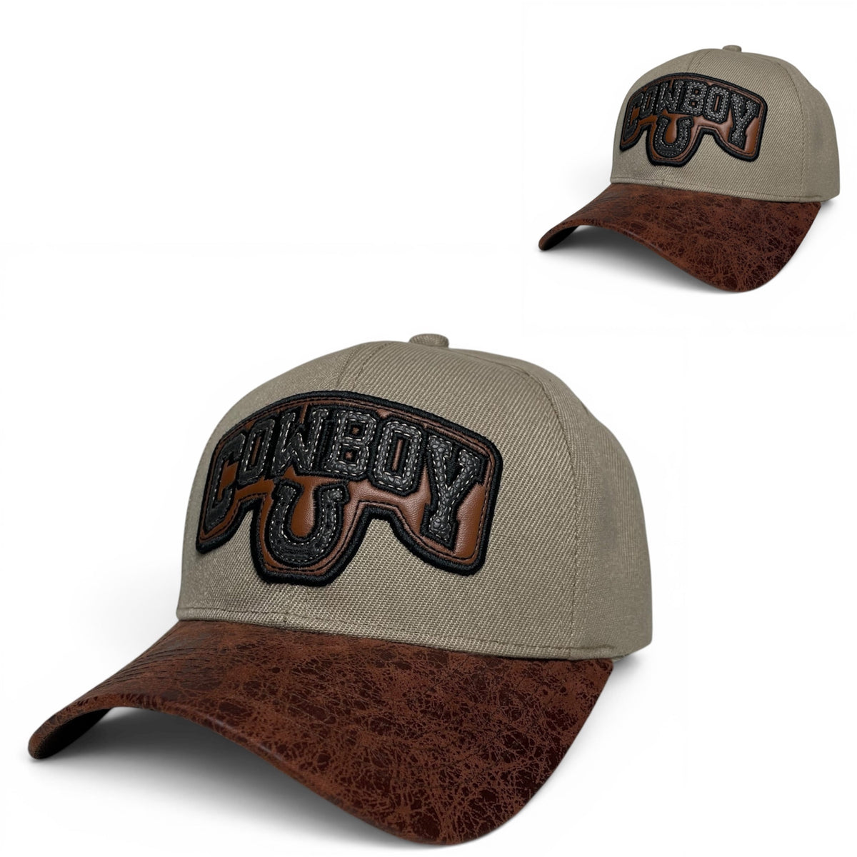 Cowboy Horseshoe Leather Patch Baseball Cap, Tan and Brown
