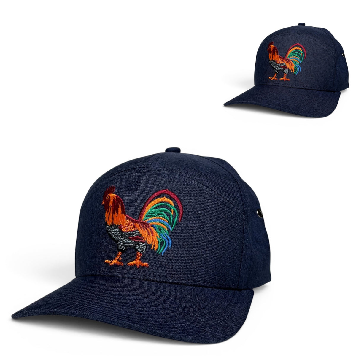 Rooster Embroidered 7-Panel Snapback Hat, Navy Blue Flat Brim