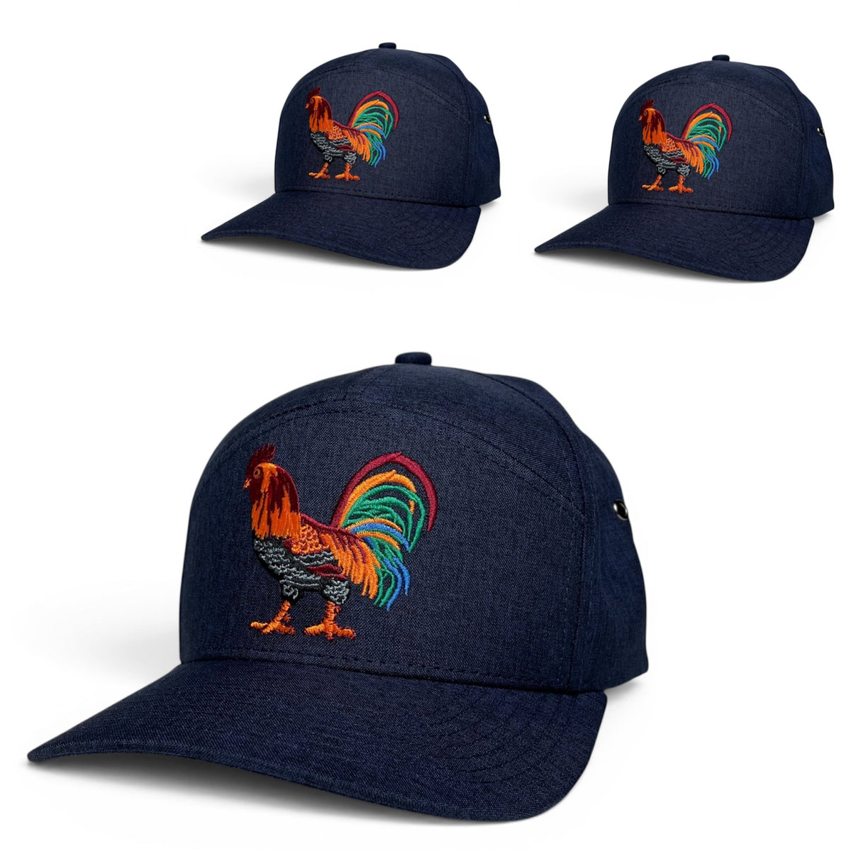 Rooster Embroidered 7-Panel Snapback Hat, Navy Blue Flat Brim