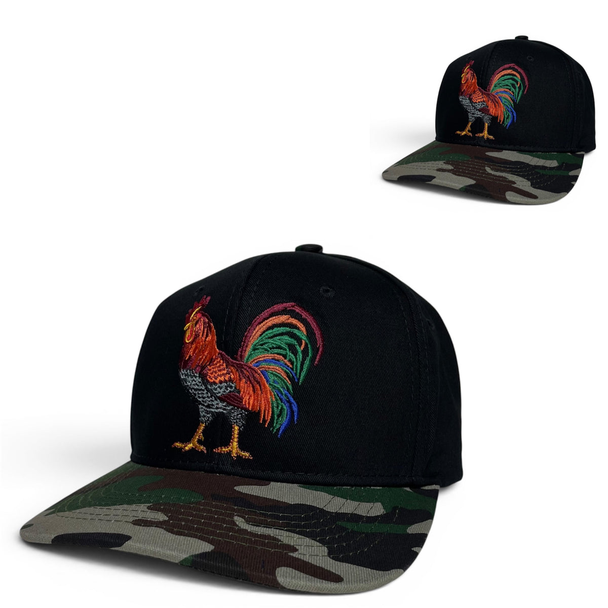 Rooster Embroidered 5-Panel Snapback Hat, Black with Green Camo Brim
