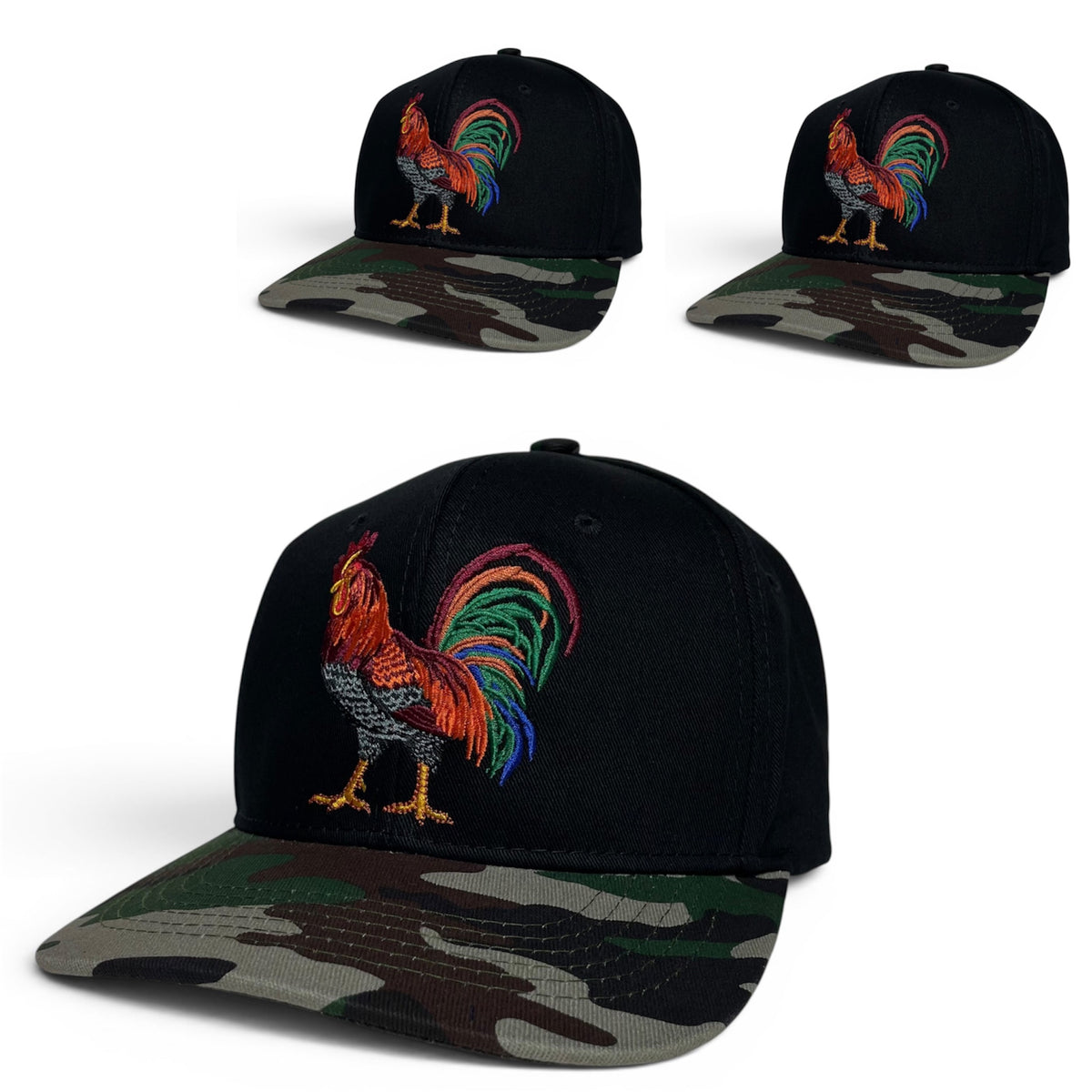 Rooster Embroidered 5-Panel Snapback Hat, Black with Green Camo Brim