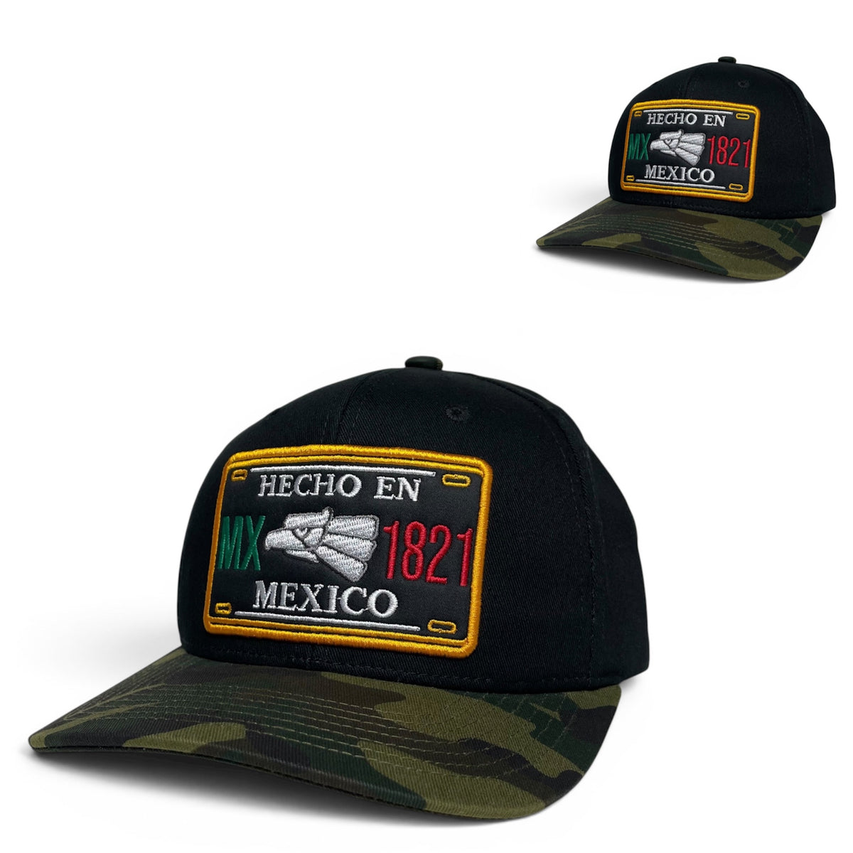 Mexican Eagle Embroidered Snapback Hat, Black/Camo Flat Brim