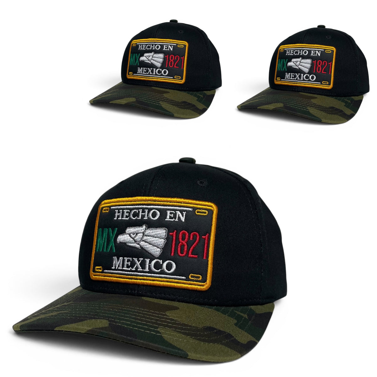 Mexican Eagle Embroidered Snapback Hat, Black/Camo Flat Brim