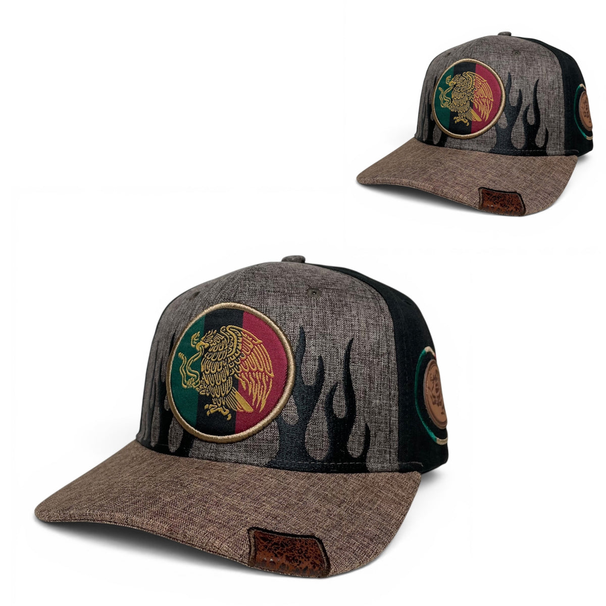 Mexican Eagle Embroidered Snapback Hat, Brown/Black Flat Brim