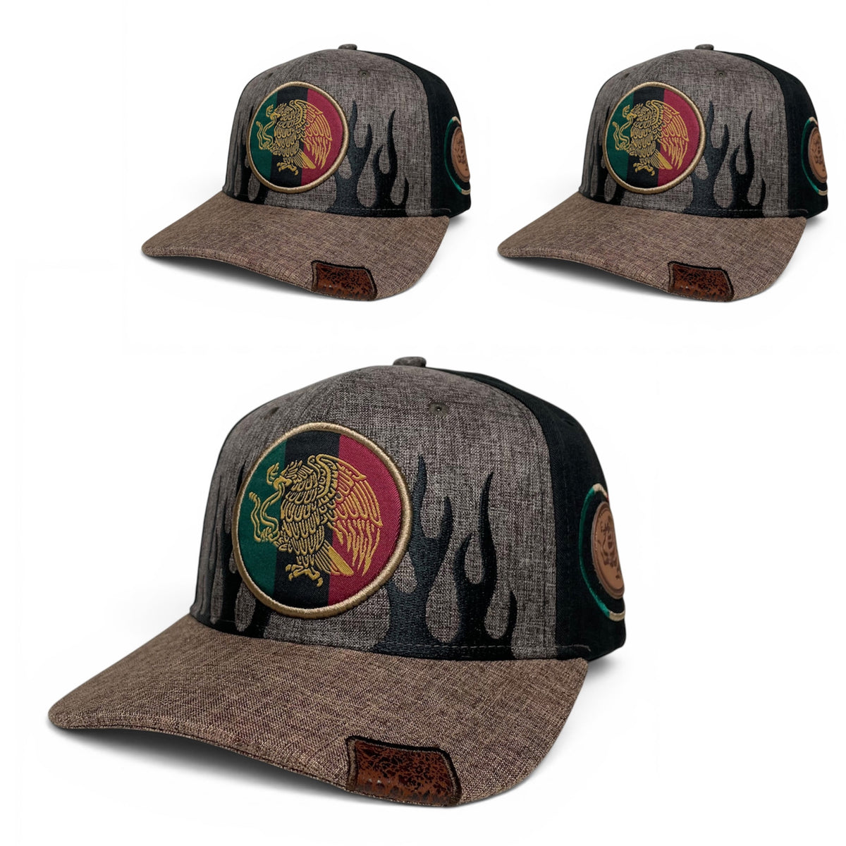 Mexican Eagle Embroidered Snapback Hat, Brown/Black Flat Brim