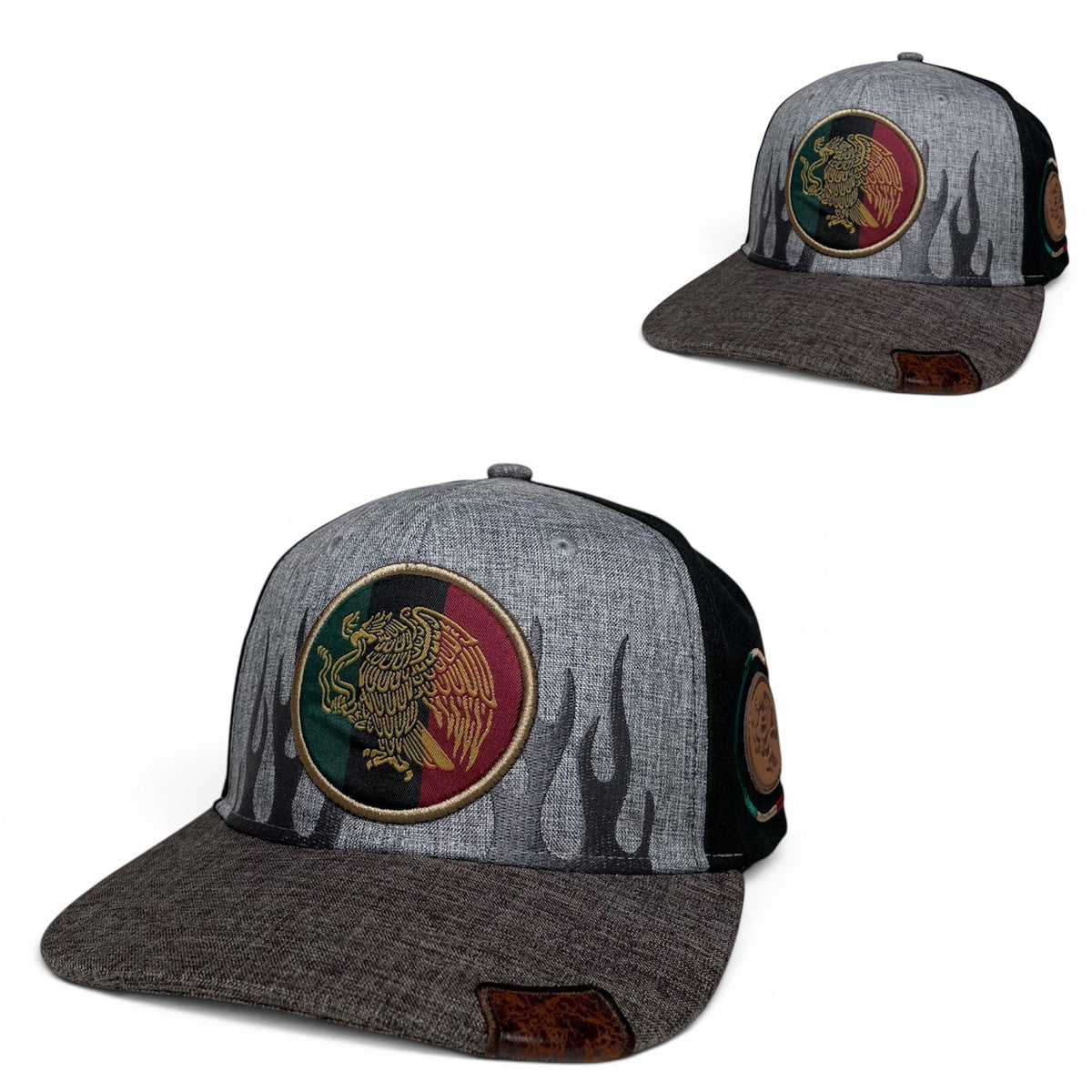 Mexican Eagle Embroidered Snapback Hat, Gray/Black Flat Brim