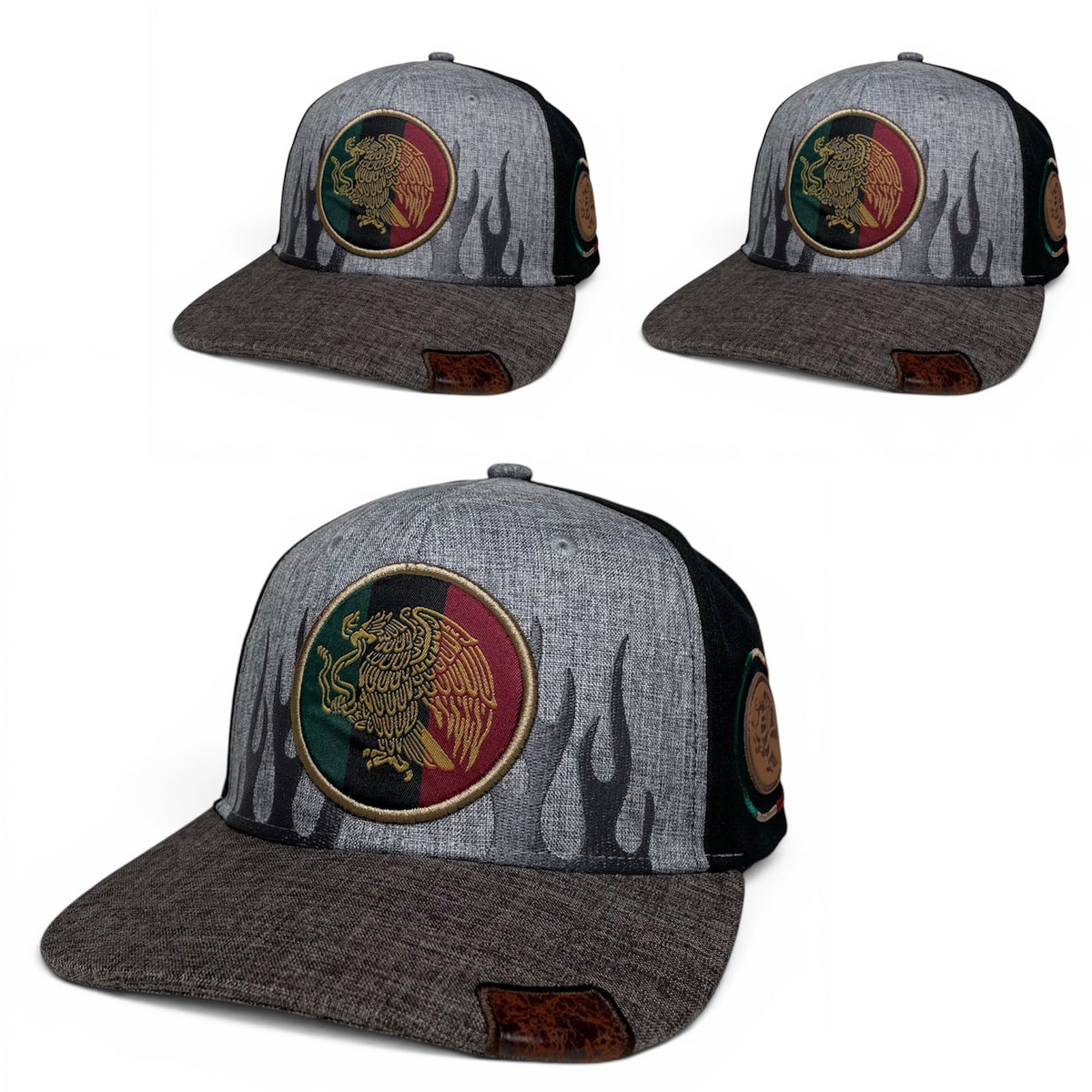 Mexican Eagle Embroidered Snapback Hat, Gray/Black Flat Brim