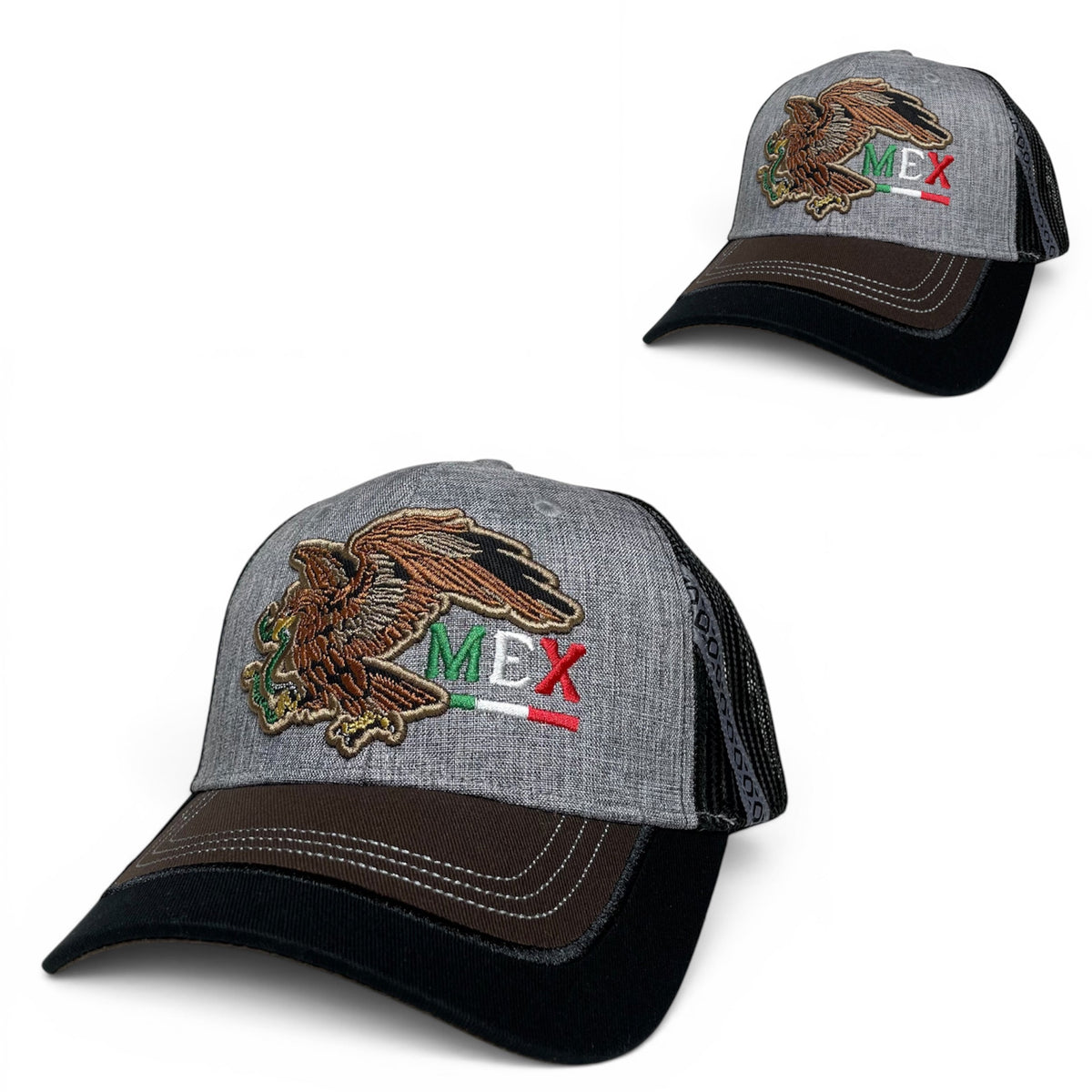 Mexican Eagle Embroidered Snapback Hat, Gray Brown and Black, Flat Brim