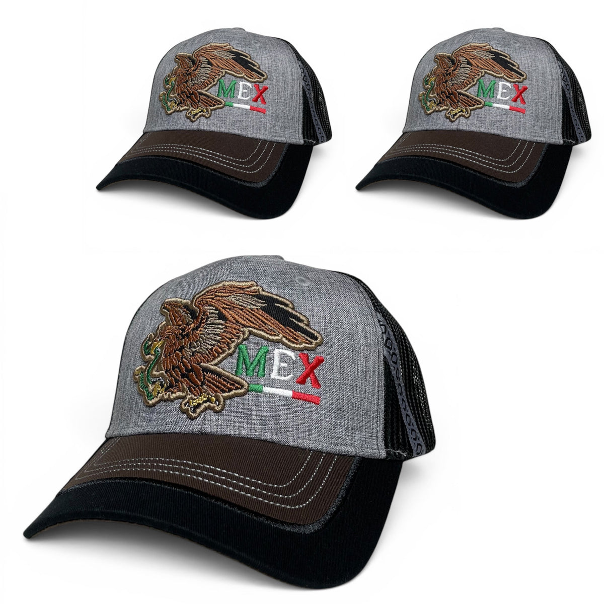 Mexican Eagle Embroidered Snapback Hat, Gray Brown and Black, Flat Brim