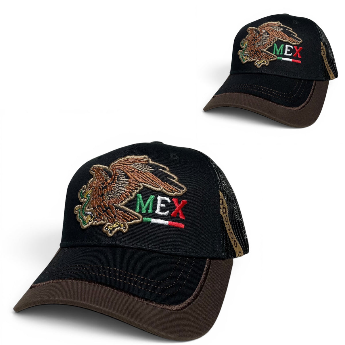 Mexican Eagle Embroidered Snapback Hat, Black and Brown, Flat Brim