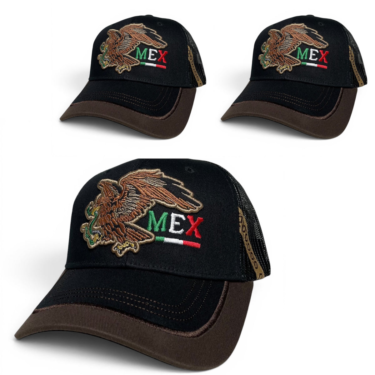 Mexican Eagle Embroidered Snapback Hat, Black and Brown, Flat Brim