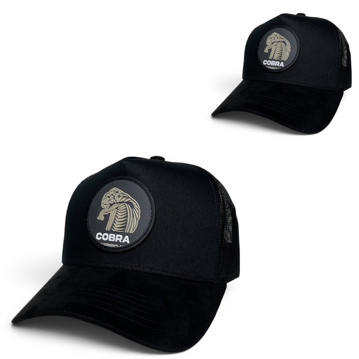 Cobra PVC Patch Black Trucker Hat, Curved Suede Brim, Snapback