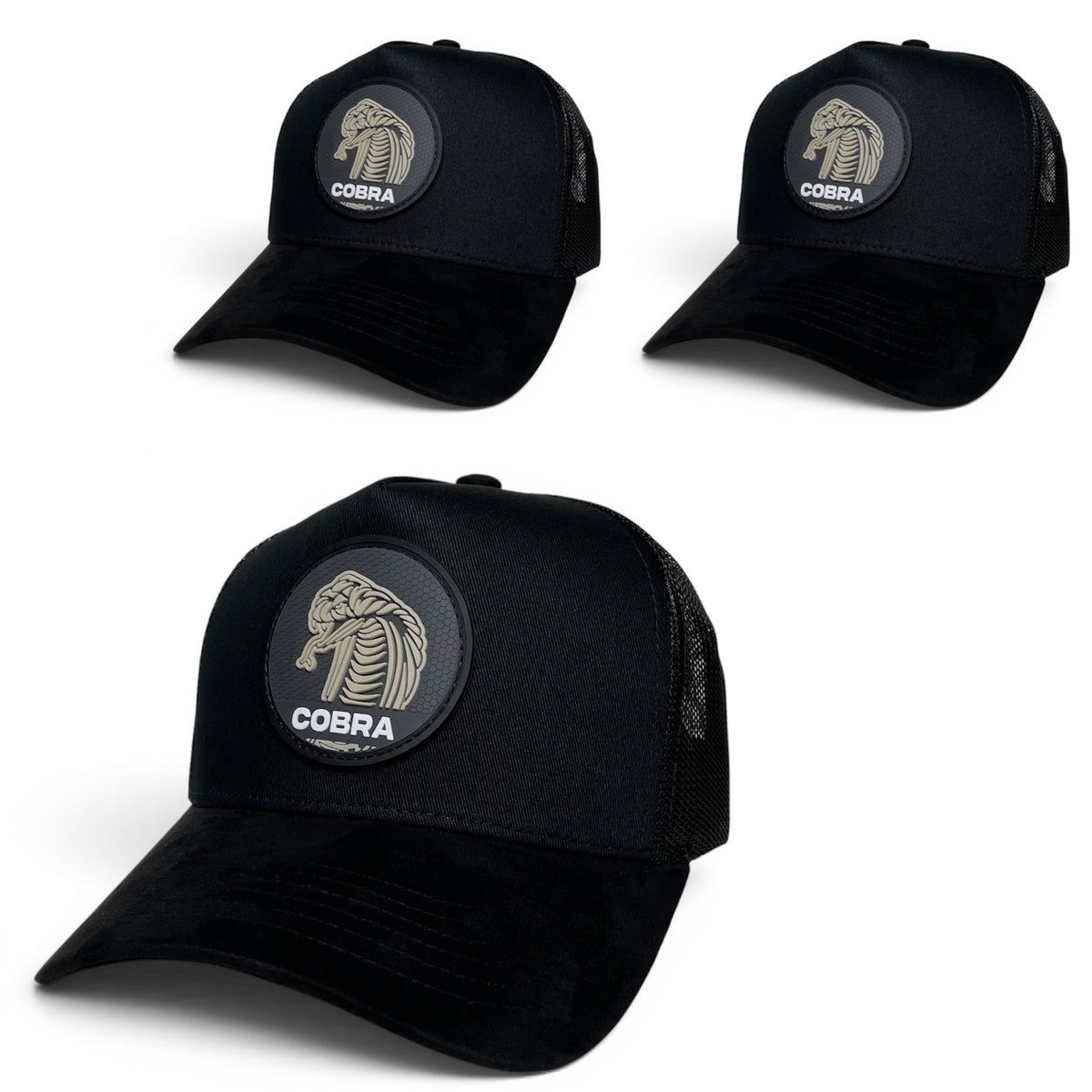 Cobra PVC Patch Black Trucker Hat, Curved Suede Brim, Snapback