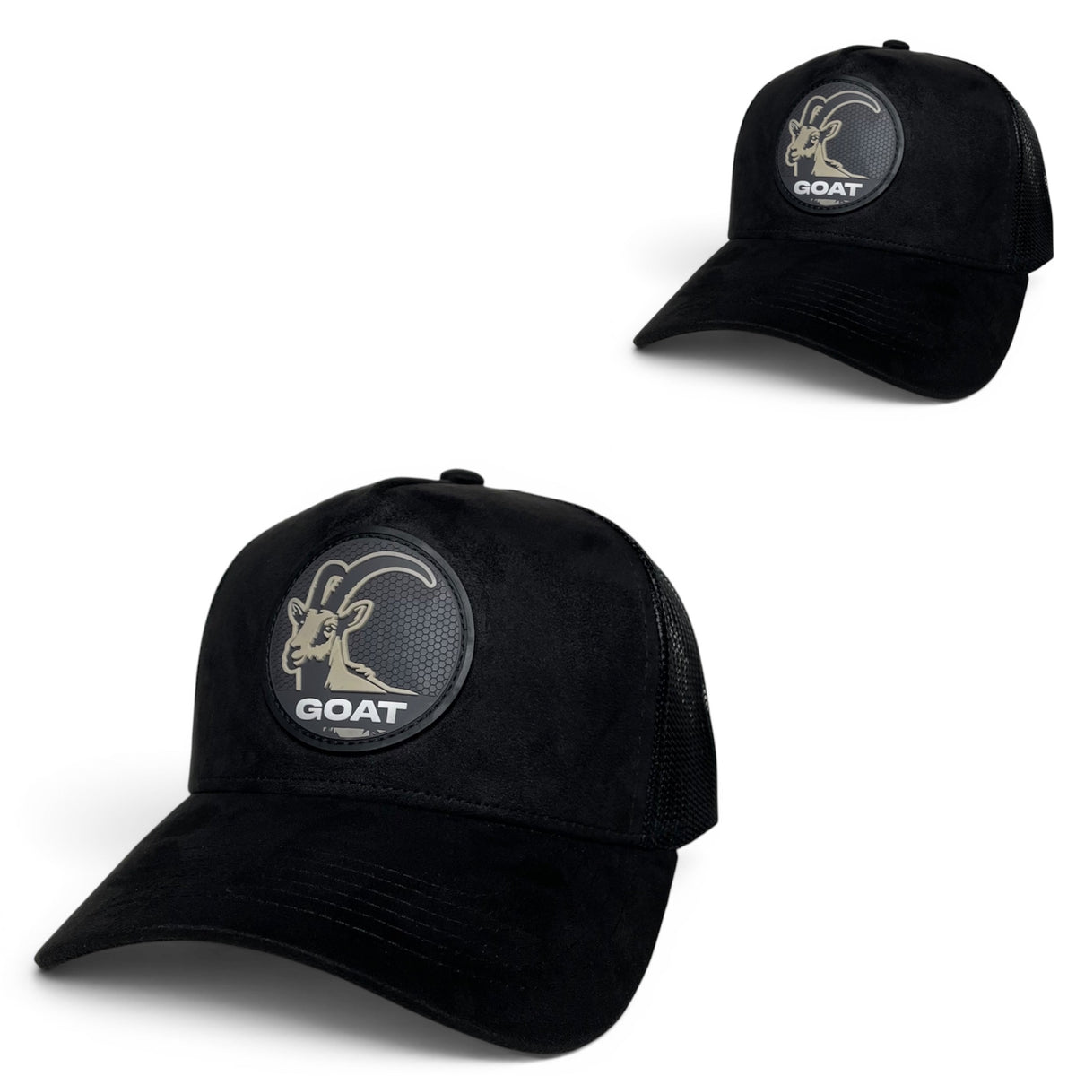Goat PVC Patch Suede Snapback Hat, Black Mesh Back, Curved Brim