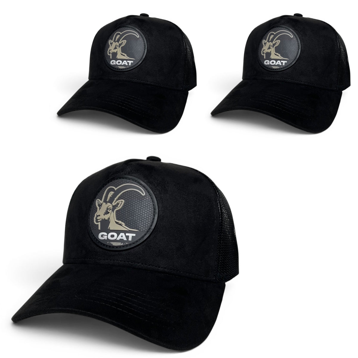 Goat PVC Patch Suede Snapback Hat, Black Mesh Back, Curved Brim