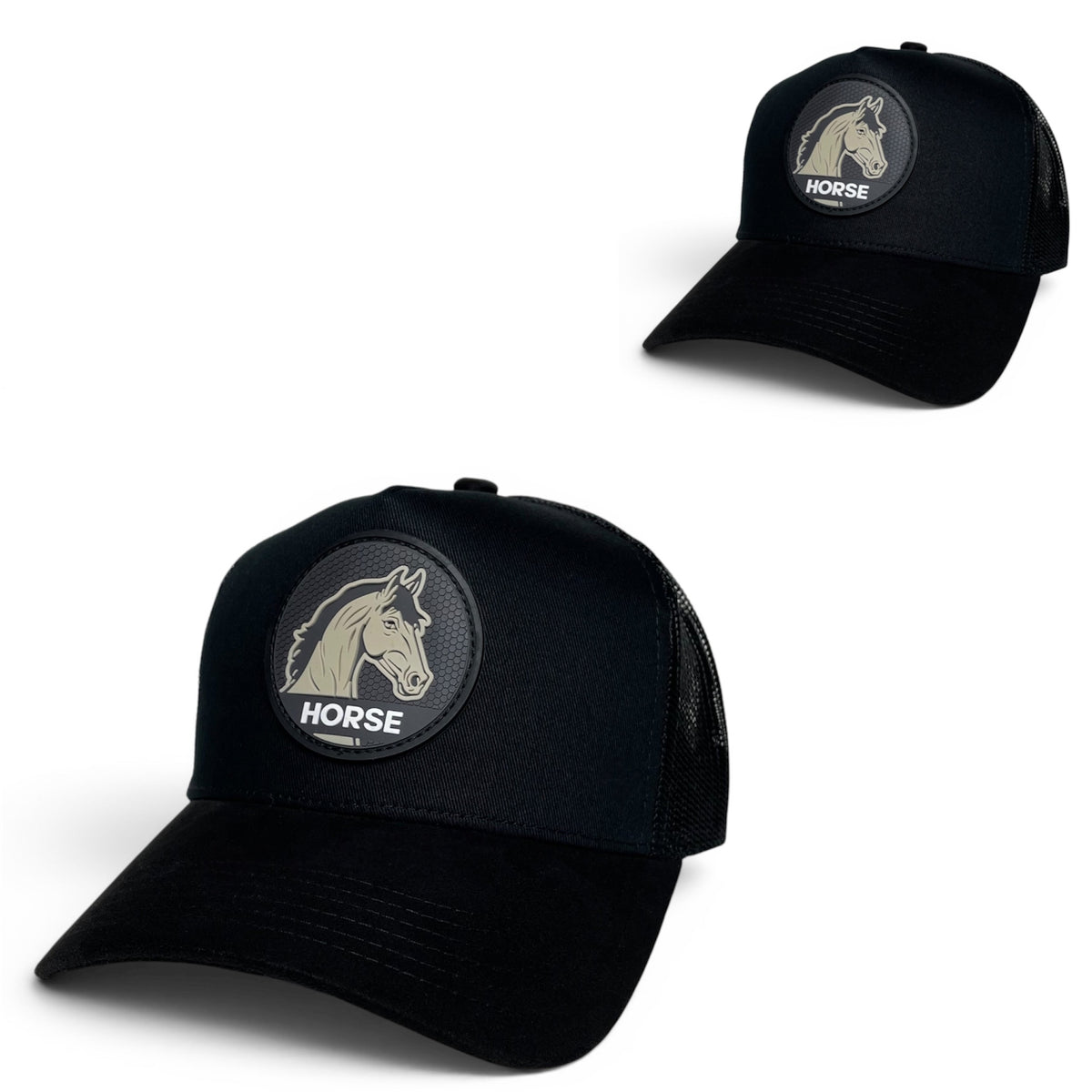Horse PVC Patch Snapback Hat – Black Mesh Back, Suede Brim
