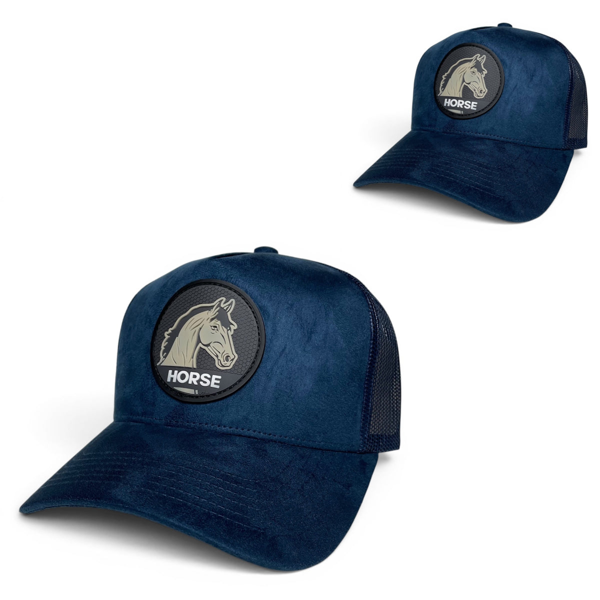 Horse PVC Patch Snapback Hat – Navy Suede, Black Mesh Back