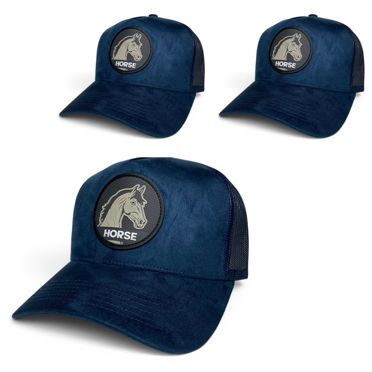 Horse PVC Patch Snapback Hat – Navy Suede, Black Mesh Back