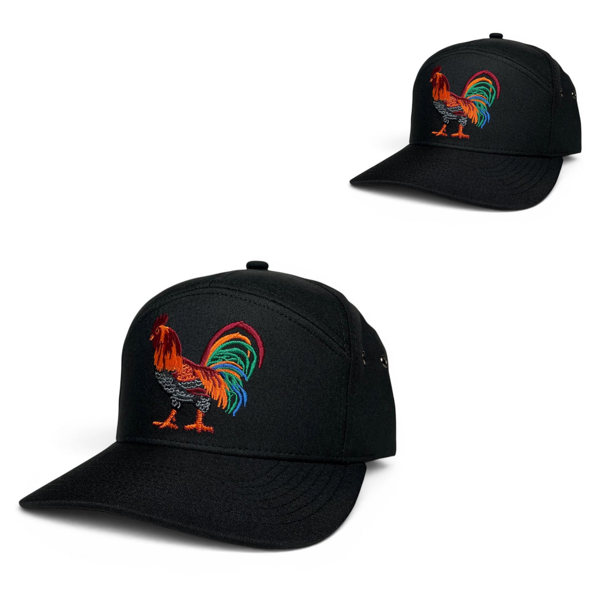 Rooster Embroidered 7-Panel Snapback Hat, Black Flat Brim