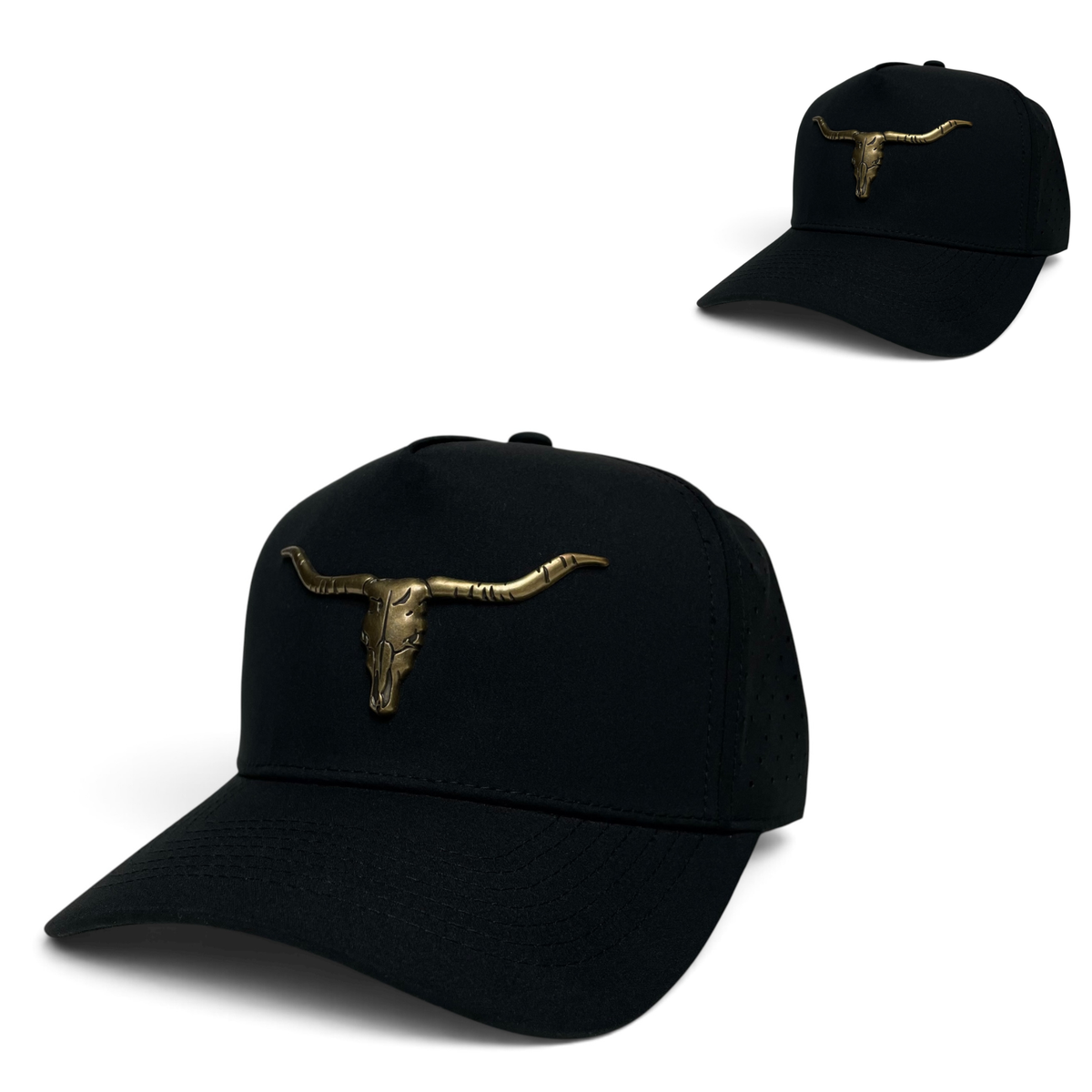 Longhorn Bull Skull Metal Emblem Trucker Hat - Black