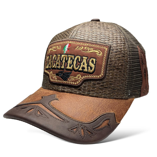 Western-style straw snapback baseball cap with Zacatecas Mexico design, ideal for rodeo and cowboy looks.


