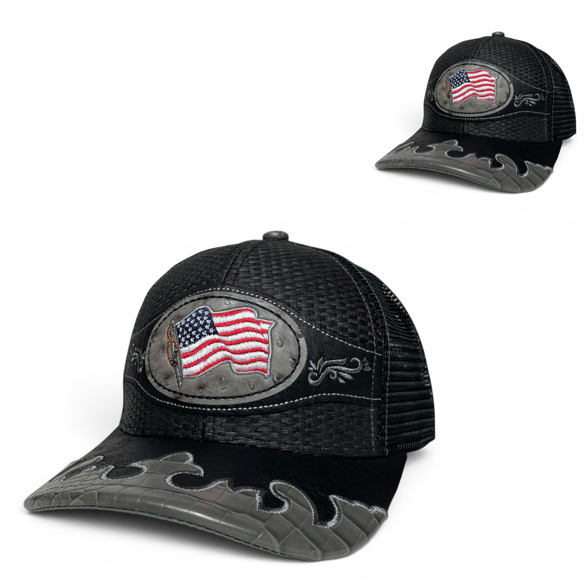 USA American Flag Leather Embroidered Patch Snapback Cap, Straw, Rodeo Style