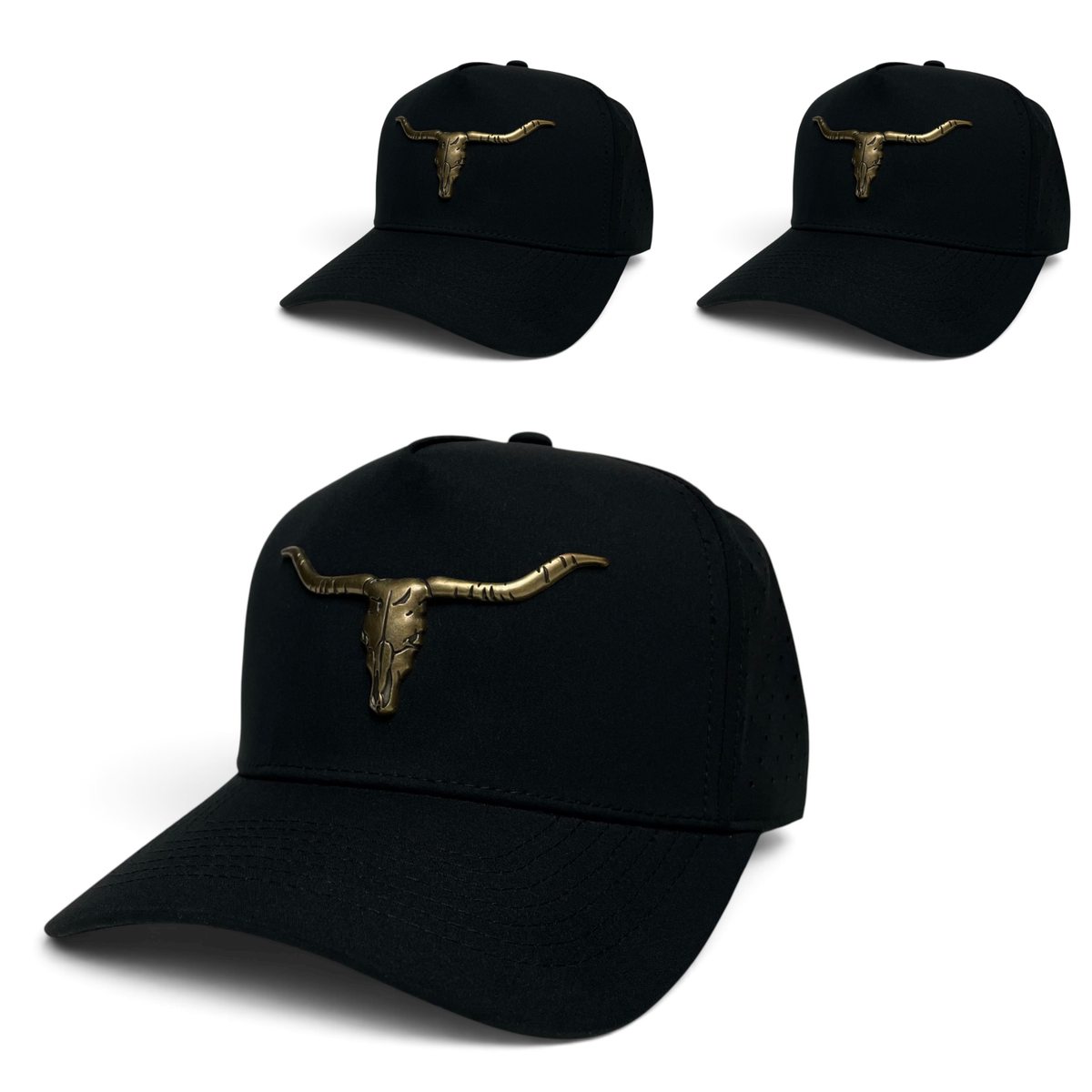 Longhorn Bull Skull Metal Emblem Trucker Hat - Black