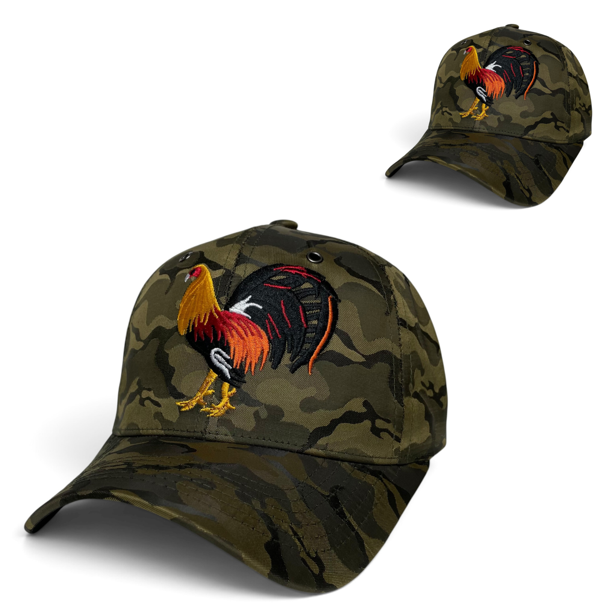 Rooster Embroidered Trucker Hat – Green Camo Snapback