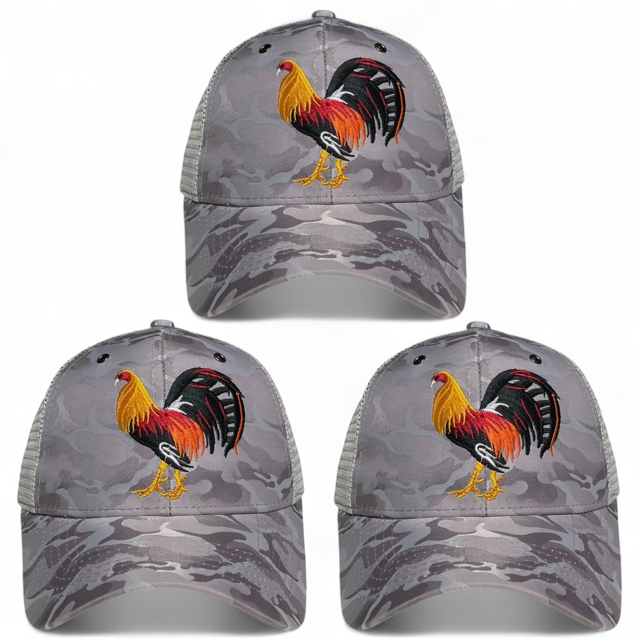 Pack of 3 gray camo trucker snapback caps with rooster embroidered design, Western rodeo style, mesh back, adjustable closure.