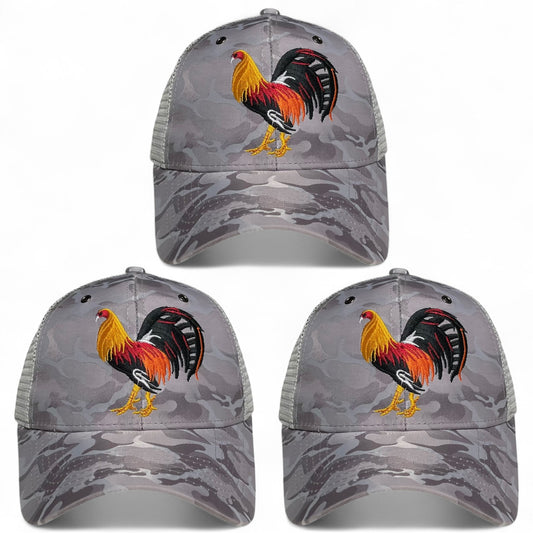 Pack of 3 gray camo trucker snapback caps with rooster embroidered design, Western rodeo style, mesh back, adjustable closure.