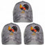 Pack of 3 gray camo trucker snapback caps with rooster embroidered design, Western rodeo style, mesh back, adjustable closure.