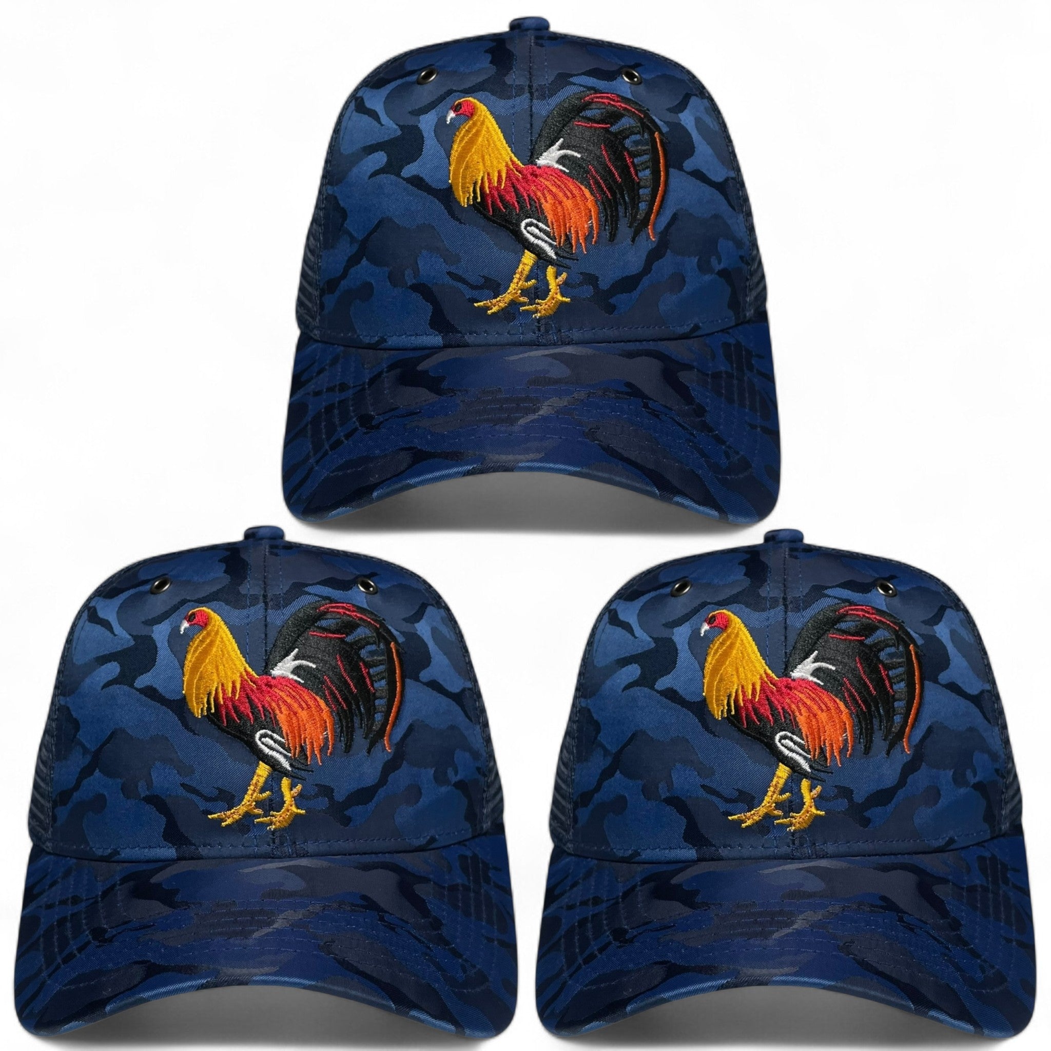Rooster Embroidered Trucker Snapback Cap Blue Camo Rodeo Style