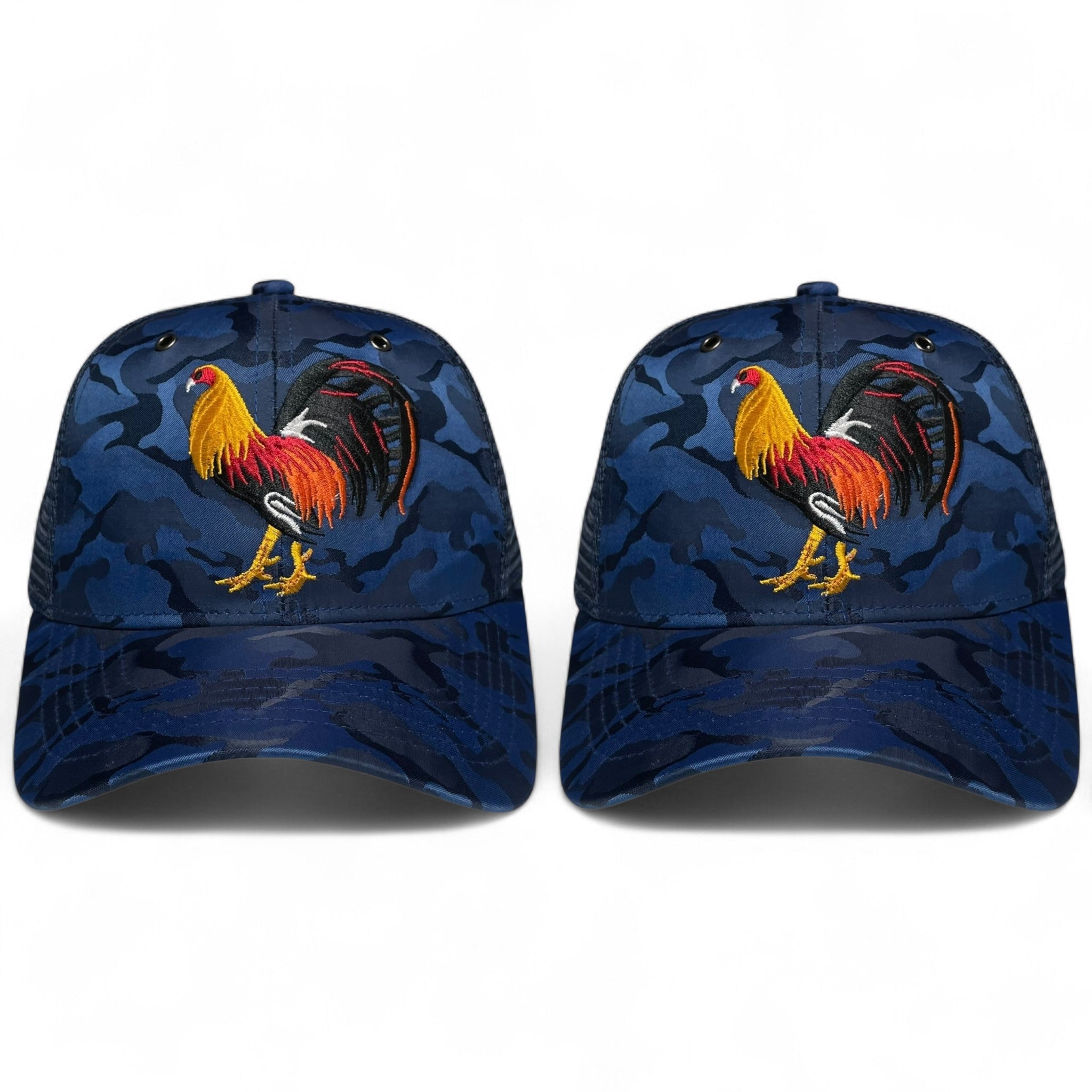 Rooster Embroidered Trucker Snapback Cap Blue Camo Rodeo Style