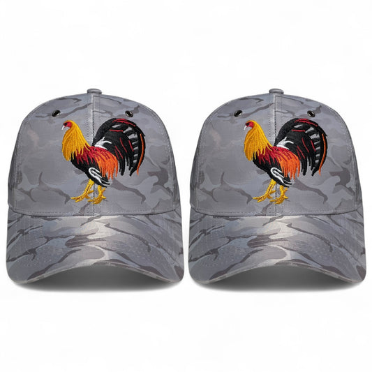 Pack of 2 black camo baseball caps with embroidered rooster design, Western style, adjustable closure, ideal for casual wear or events.