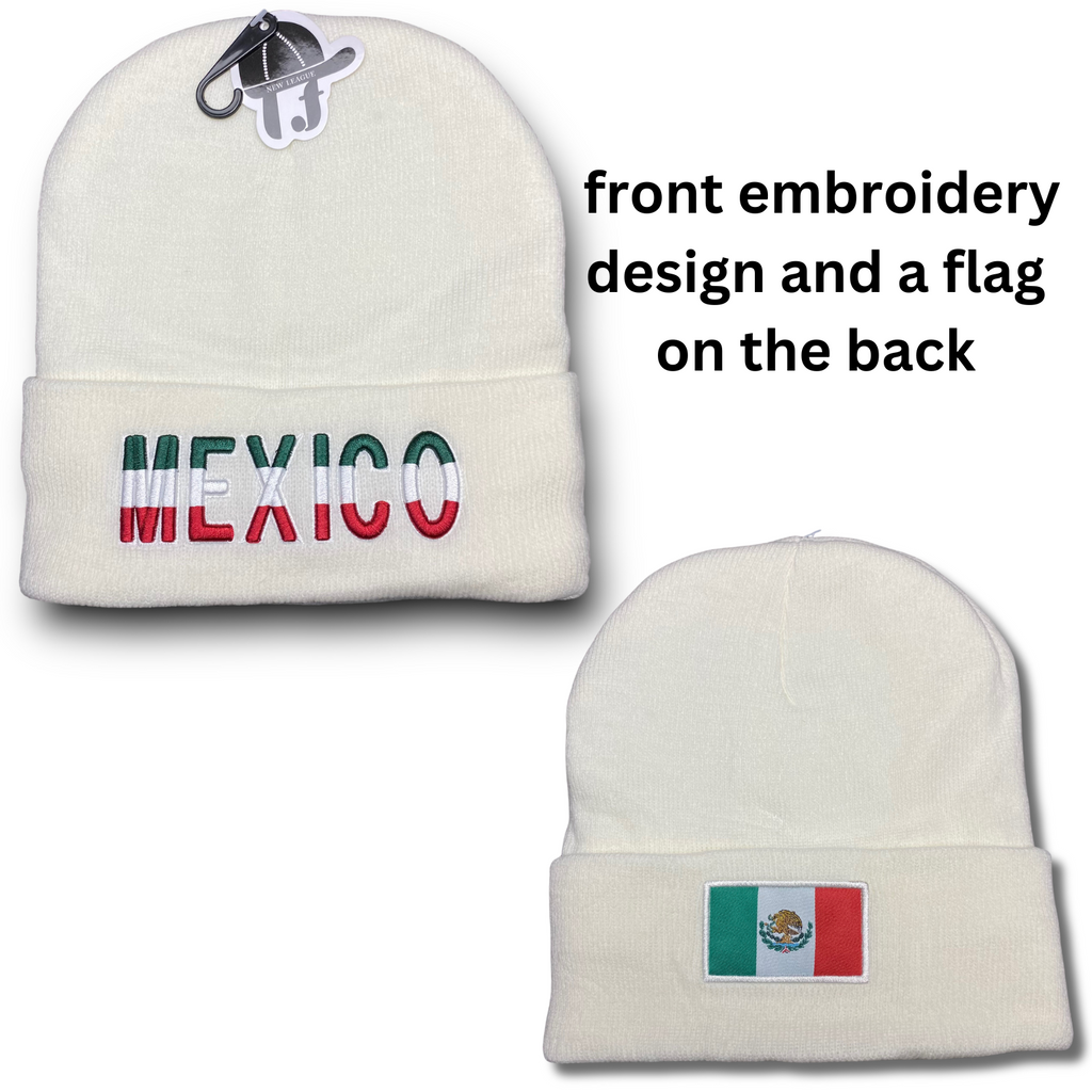 Winter Insulated Mexico Beanie Hat Front Embroidery and Back Flag Design