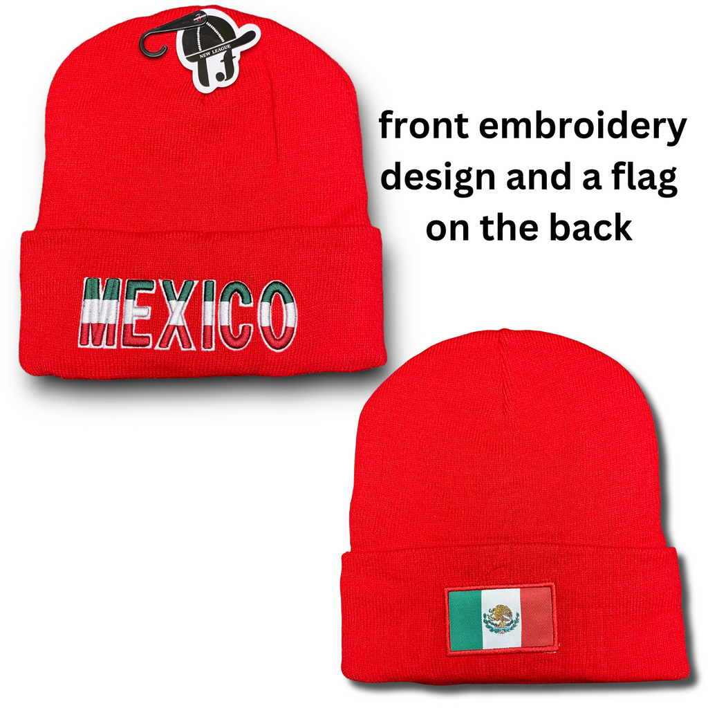 México Gorro Beanie Rojo Aislado con Bordado Frontal y Bandera