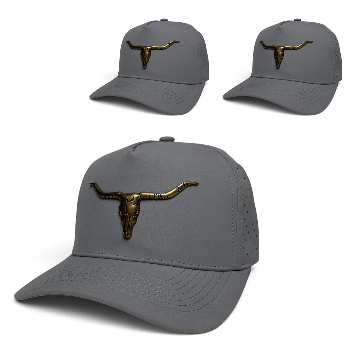 Longhorn Bull Skull Metal Emblem Trucker Hat - Gray