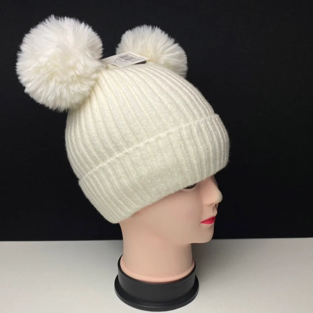 Women's Warm Knit Beanie Hat with Double Pom Poms