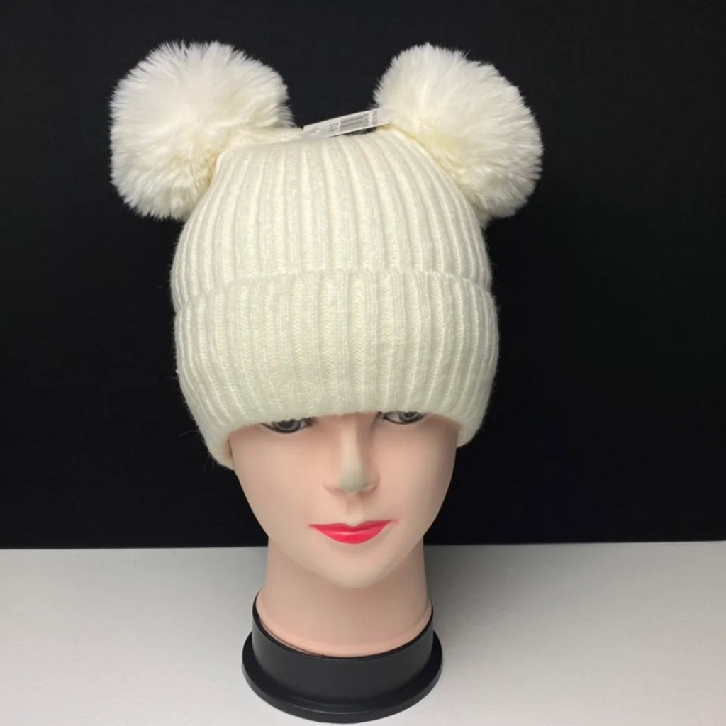 Women's Warm Knit Beanie Hat with Double Pom Poms