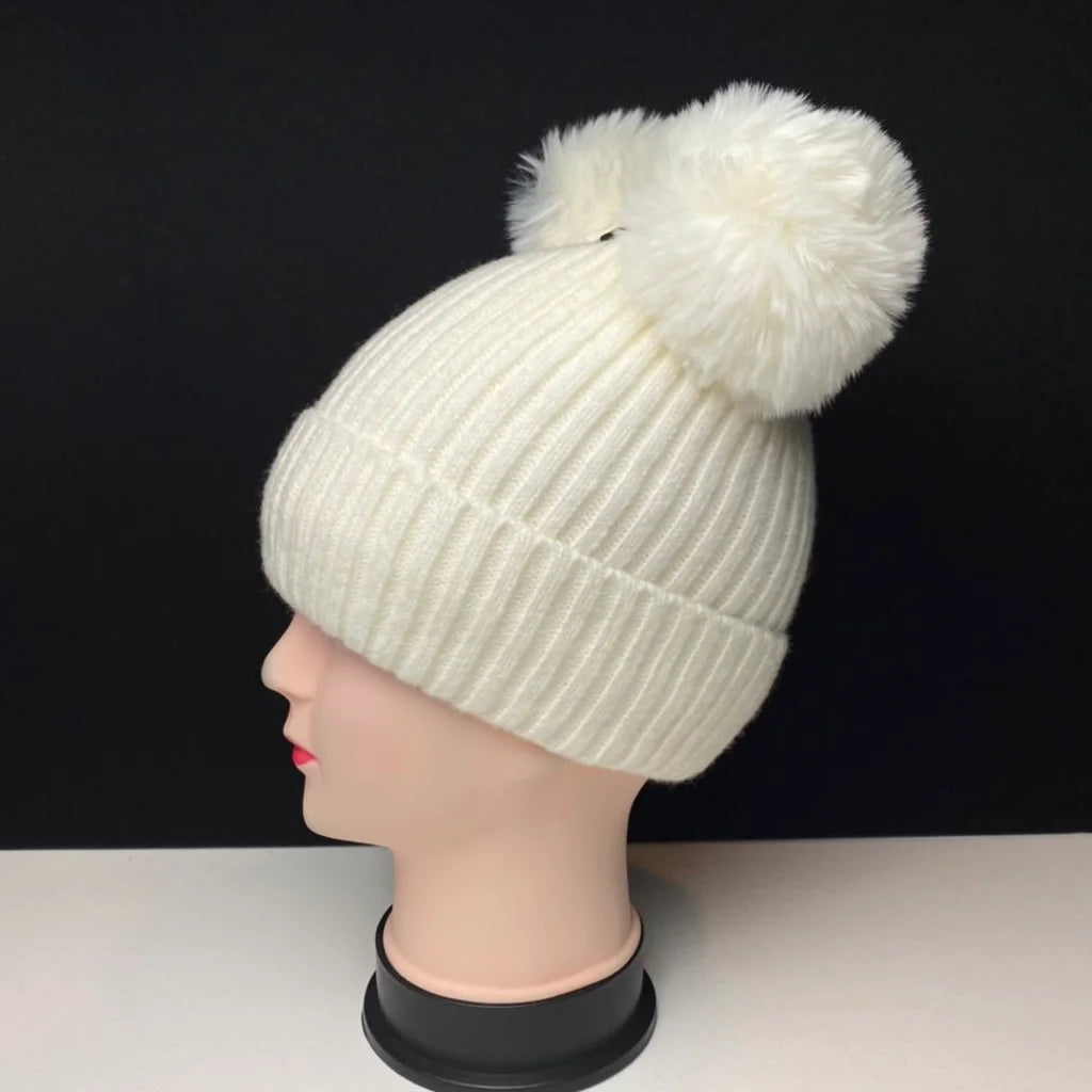 Women's Warm Knit Beanie Hat with Double Pom Poms