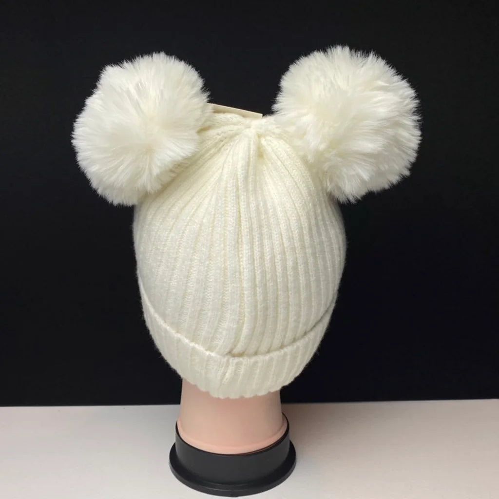 Women's Warm Knit Beanie Hat with Double Pom Poms