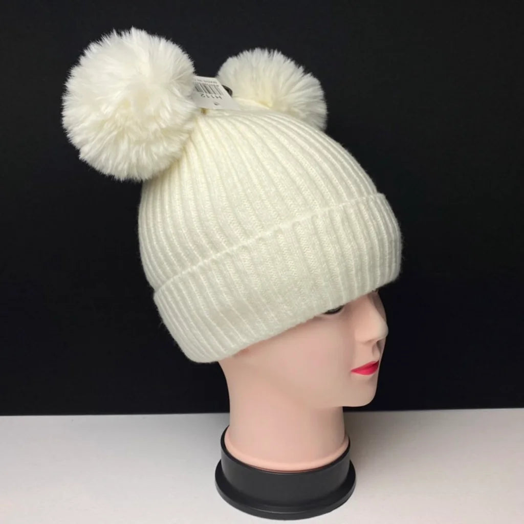 Women's Warm Knit Beanie Hat with Double Pom Poms