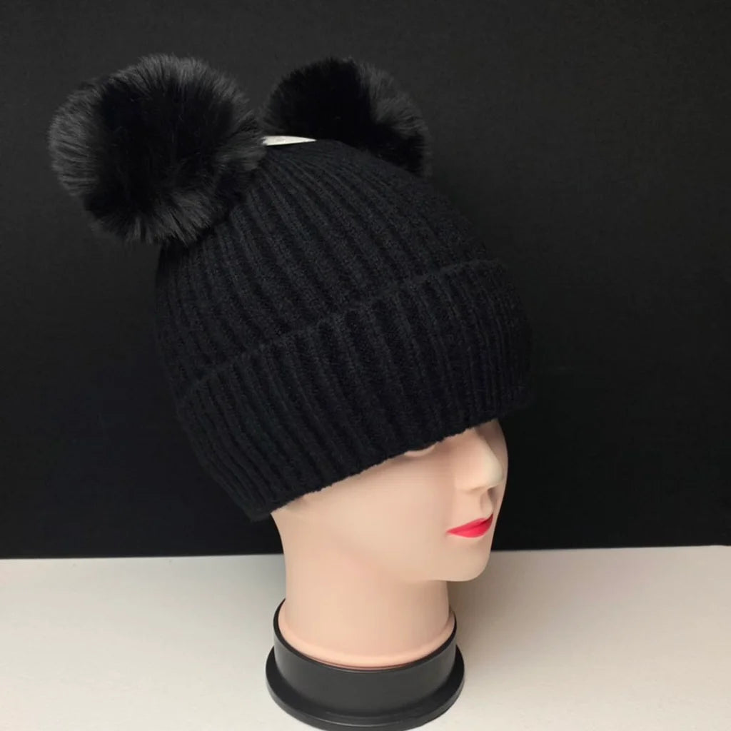 Women's Warm Knit Beanie Hat with Double Pom Poms