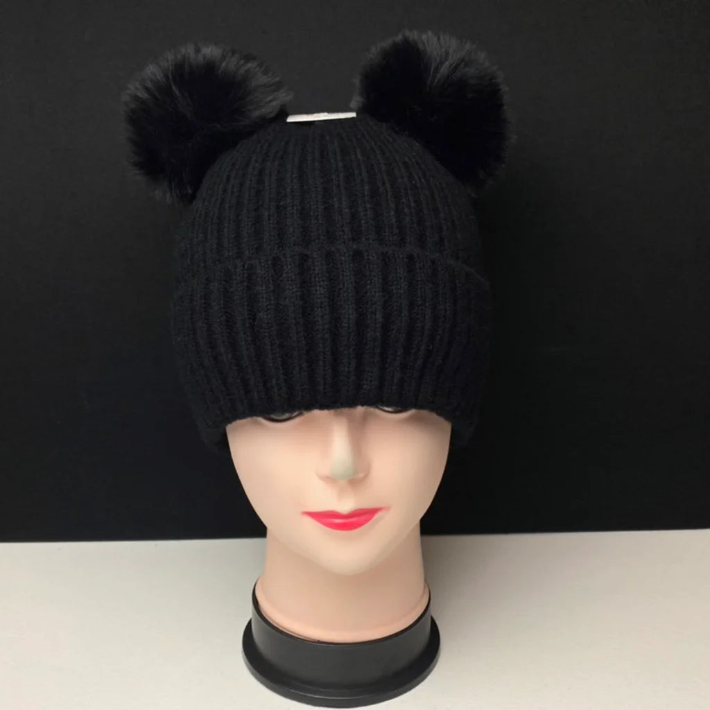 Women's Warm Knit Beanie Hat with Double Pom Poms