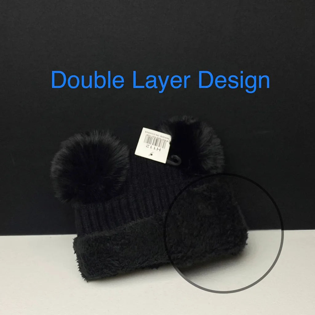 Women's Warm Knit Beanie Hat with Double Pom Poms