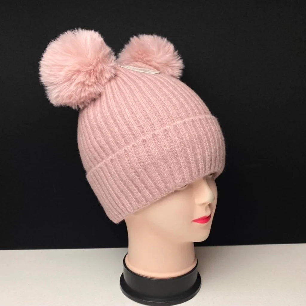 Women's Warm Knit Beanie Hat with Double Pom Poms